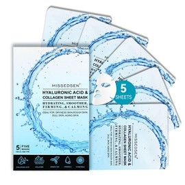 Collagen Face Mask with Hyaluronic Acid Vitamin E Oil for Skin Moisturizing Whitening and Anti-Aging Skin Care for All Types Oil Dry Acne Sensitivity 5PCS 1 Fl Oz / 히알루론산이 함유된 콜라겐 페이스 마스크 피부 보습 미백 및 노화 방지를 위한 비타민 E 오일 유분 건조 여드름 민감성 모든 타입을 스킨케어 5PCS 1 Fl Oz