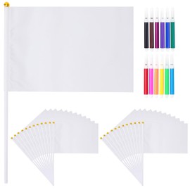 DIY Flag Set of 24 White Hand Flags with Rod - Design Yourself Flag with 12 Colours Watercolours - Fan Item for Children & Adults for Football, World Cup, Public Viewing, School & Party
