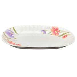 Z-Moments Melamine Rectangular Plate Platter Dish, 10"L, 12"L, 14"L, White with Flora Printing, HB Series (12, 10"L)