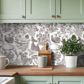 Livelynine Black Farmhouse Wallpaper Peel and Stick Mushroom Floral Snail Butterfly Botanical Modern Farmhouse Wall Paper Kitchen Contact Paper Black and White Boho Chic Removable Vinyl 17.5x78.8"