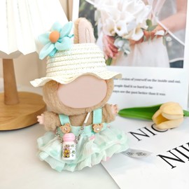 Clothes for 17cm Doll, Skirt Set for Dolls, Hat Skirt Outfit Premium Fashion Cute Dress for 17cm Dolls Accessories (NO Doll) (A2 Green Heart Dress+Flower Ornaments+Wave Hat+ Bottle)
