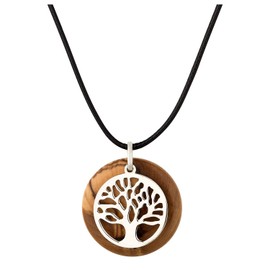 MaMeMi Beautiful necklace with tree of life made of 925 sterling silver in front of olive wood pendant diameter 3 cm [handmade] from Bethlehem, from the Holy Land, Sterling Silver, saints