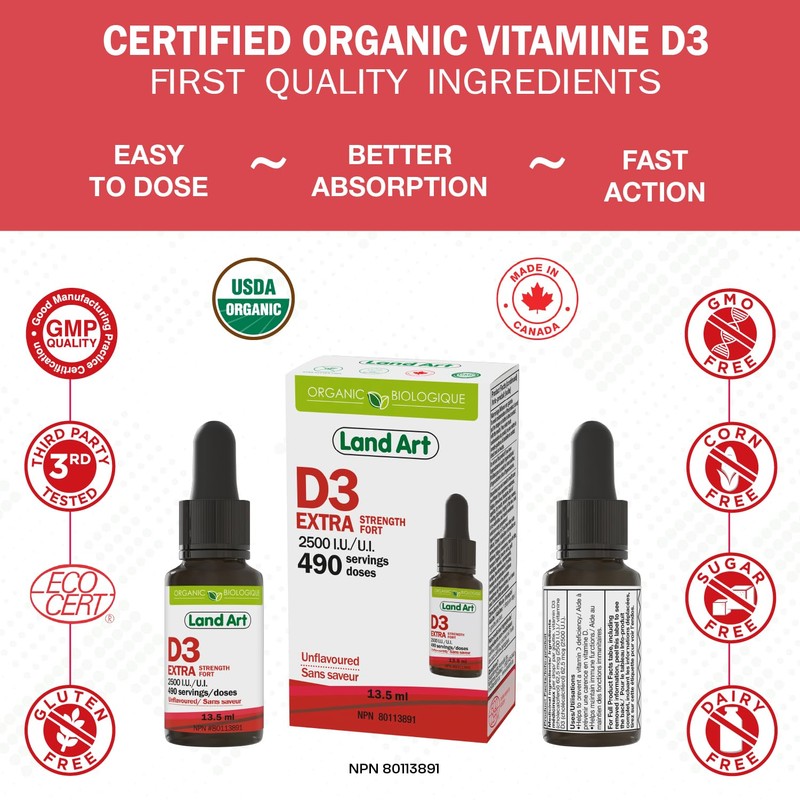 Land Art Certified Organic Vitamin D3 (490 Drops/Servings) - Extra