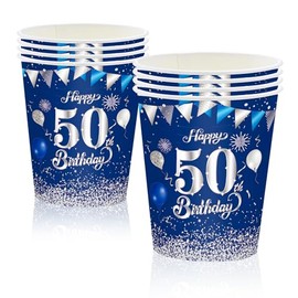 MORAINJAY 50th Birthday Paper Cups, Pack of 16 Blue with Silver for Man Woman, 9oz/250ml Party Decoration