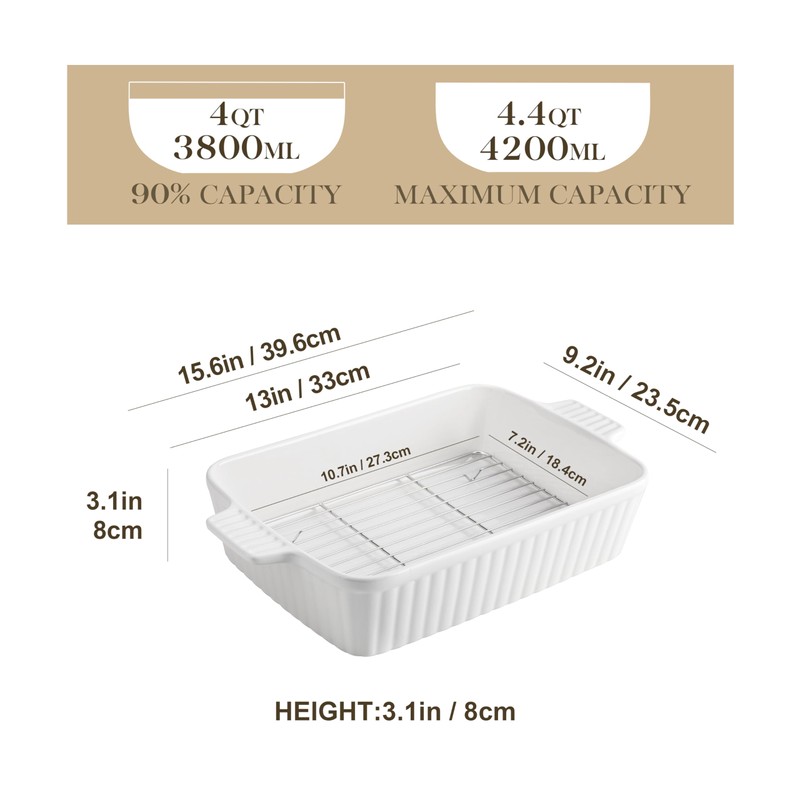 MALACASA 4.4 QT Baking Dish with Rack, 9x13 Large Casserole