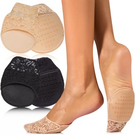 4 Pairs of Non-Slip Breathable Ankle Socks for High Heels and Trainers - Toe for Pumps, Forefoot Pads & Toe Socks - Comfortable Half Socks & Shoe Insoles (Beige & Black)