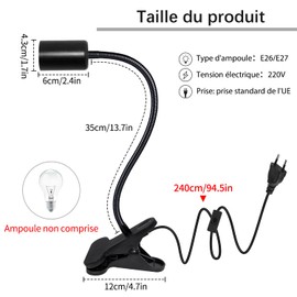 E27 Clamp Light for Bed Reading Lamp with Switch Cable 240cm 360° Flexible Adjustable Gooseneck Metal Clip Spot Bedside Lamp LED for Office Bedroom Reading