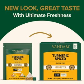 VAHDAM, Turmeric Spice Herbal Tea Bags (100 Count) Caffeine Free, Non GMO, Gluten Free | 100% Pure Herbal Tisane - Savory & Spicy | Whole Loose-Leaf Tea Bags | Resealable Ziplock Pouch
