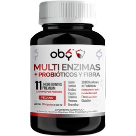 Oby Multi Enzimas digestivas, Probióticos | 7 tipos enzimas + Probióticos Bifidobacterium y Lactobacilos + Fibra Psyllium Husk + Glutation | 60 caps veganas 60 días