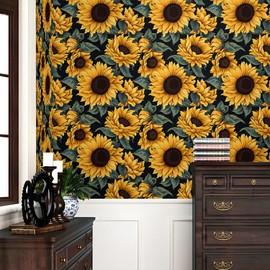 REDAMANCY Dark Black Yellow Sunflowers Floral Green Leaf Peel and Stick Wallpaper Stick on Contact Paper Vintage Wall Paper Easy Peel Off for nightstand Drawer Cabinet Renter