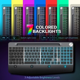 GAMCATZ Backlit Keyboard and Mouse Combo, 7 Colors Wireless Keyboard Ergonomic with Wrist Rest and Volume Knob,Phone Holder,Rechargeable with Light Up Keyboard for Laptop, PC, Mac, Windows -Black