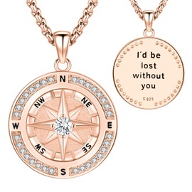 Compass Necklace for Women Men - Rose Gold 925 Sterling Silver Pendant I'd Be Lost Without You Cubic zirconia Crystals Compass Jewelry - Inspirational Gifts for Her Him Anniversary Birthday Wedding