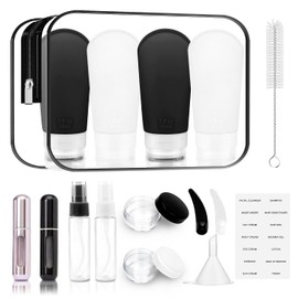 Botellas de Viaje Recargables, Contenedores de Silicona Reutilizable, Envases para Viaje a Prueba de Fugas, Travel Essentials, con Atomizador para Perfume y Etiqueta, Recipientes Exprimibles sin BPA