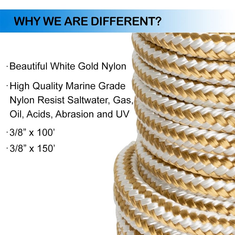 MARINE SYSTEM Made 3/8 Inch 100FT 150FT Gold/White Nylon Anchor