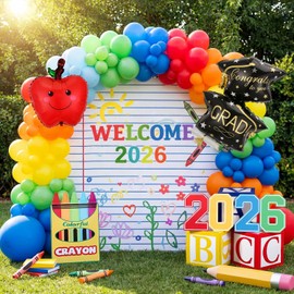 160 Pcs Graduation Theme Balloon Garland Arch Kit with Backdrop Banner 2026 Abc Pencil Crayon Rainbow Balloon Party Favor Back to School Birthday Party Celebration Decoration for Graduation