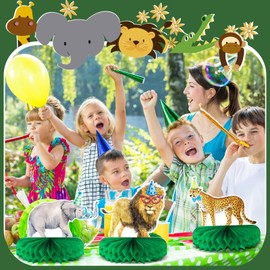 Yeaqee 12 Pcs Jungle Animals Honeycomb Centerpieces Safari Jungle Themed Birthday Party Supplies Wild Animals Jungle Party Decorations Baby Shower Table Decorations for Boys Girls Birthday Theme Party