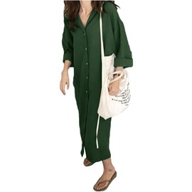 GGUHHU Womens Chic Button Down Rolled-Up Sleeve Long Cotton Blouse Maxi Dress (Large, Dark Green)