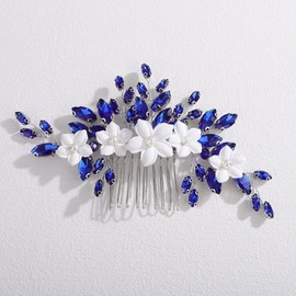 Teyglen Bridal Blue Crystal Flower Hair Comb for Bride Flower Rhinestone Wedding Hair Comb Elegant Hair Piece Hair Accessories Jewelry for Women Wedding Bridal Headpiece(Blue)