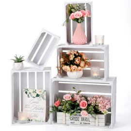 Soaoo 5 Pcs Decorative Nesting Wooden Crates for Storage Display 5 Size Large Small Rustic Wood Decorative Storage Crates with Handle Farmhouse Wood Crate Box Container Made from Pine (Vintage White)