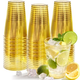 Glowserve 12 oz Clear Plastic Cups Disposable Gold Plastic Cocktail Glasses 50 Pack Drinking Disposable Wine Cups for Party Birthday Wedding Graduation