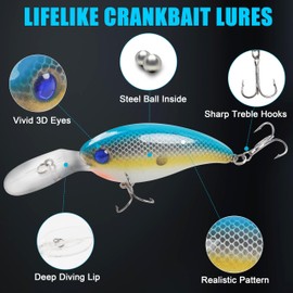Crankbait Fishing Lure Kit, 8 Pieces Deep Diving Swimbait Topwater Bass Fishing Bait Hard Baits Minnow Crank Bait Bait for Bass Trout Salmon Freshwater Saltwater