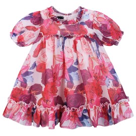AGQT Infant Baby Girls Flower Print Dress Puff Sleeve Ruffle Floral A-line Birthday Spring Beach Sundress Clothes Outfit Floral on Pink Size 3-6 Months