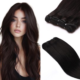 Benehair Human Hair Extensions Weft Remy Straight Invisible 16 Inch 100g Double Weft Hair Extensions Real Human Silky #1B Natural Black