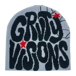 2THESTARS Trendy Y2K Graphic Beanie Wool Acrylic Beanies for Women and Men Stylish Headwear for Fashion-Forward Individuals - Grey with Black