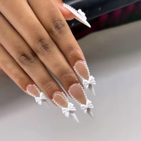 Long Press on Nails Stiletto Fake Nails White French Tip