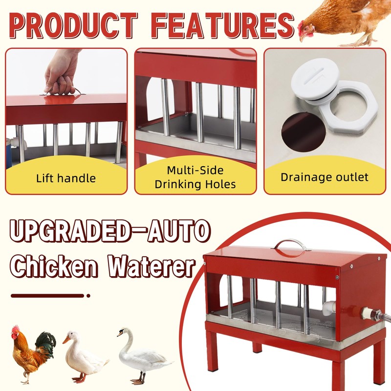 Automatic Chicken Waterer, Multi-Side Drinking Holes and Detachable Legs