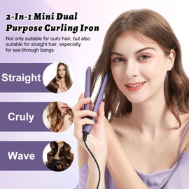 Omaky Upgraded 2-in-1 Mini Curling Wand Flat Iron Hair Straightener,Mini Dual Purpose Curling Flat Iron, Long-Lasting Portable Travel Curling Wand for Women Girls Short Hair, All Hair Types(Pink)
