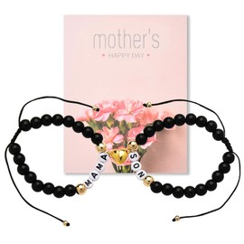 Black Mother and Son Bracelet Matching Heart Bracelets for Mama Son Birthday Gifts from Mom Mothers Day Gifts for Mom Mama Mommy Sons Bracelet Adjustable Bead Gift Set for 2