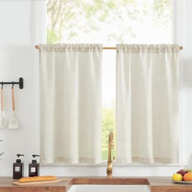 jinchan Linen Textured Tier Curtains 24 Inch for Kitchen Windows Farmhouse Cafe Curtains Small Drapes Rustic Light Filtering Half Window for Living Room Laundry Rod Pocket 2 Panels Natural Crude