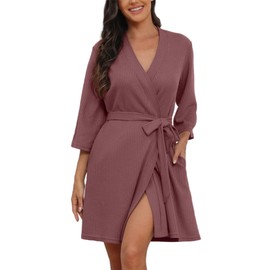 PrinStory Women Waffle Robes Lightweight Dressing Gowns Soft Kimono Robes Short Sleepwear Casual Knit Bathrobe Ladies Loungewear Homewear (Rust Red, L)