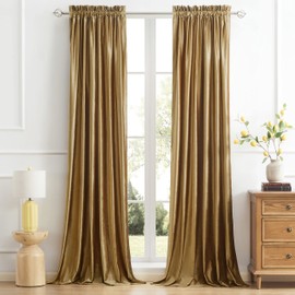 PRIMROSE Golden Curtains 84 inch for Living Room Velvet Blackout Rod Pocket Window Drapes Treatment Semi Room Darkening Decor Curtains for Bedroom Set of 2 Panels