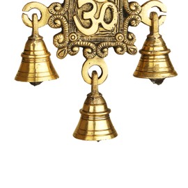 3 Bells Brass Single OM Hanging Hindu Statue Home Temple Statue Hindu Idols Figurine with Hanging Bells Unique for Door Wall Home Traditional