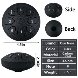 Oun Nana Rain Drum for Outside Garden, 4.5 Inches 8 Notes Steel Tongue Drum Sound Healing Instruments for Adults Kids, Rain Chimes Musical Education Entertainment Meditation Chakra Yoga Gifts, Black
