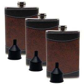 Mens 8oz Stainless Steel Hip Flasks for Liquor, Brown and Black, Pack of 3