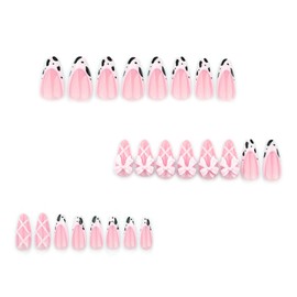 IMSOHOT Pink Press on Nails Almond Medium Fake Nails Cow Pattern French Tip False Nails Glossy Glue on Nails Cute Bow Acrylic Nails Full Cover Stick on Nails for Women Girls 24Pcs