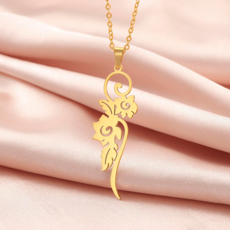 kkjoy Twin Flowers Necklace Stainless Steel Flower and Leaves Pendant