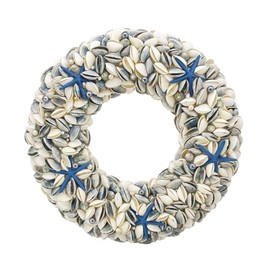 Natural Seashell Wreath w/Shells, Starfish, Pearls, Sea Snails - Spring & Summer Coastal Decor Beach House Indoor Door Wreath, 23in Dark Blue