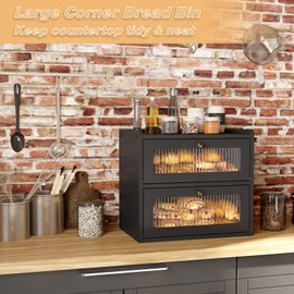 Alpeir Double Layer Large Bread Box for Kitchen Counter, Wooden Corner Bread Storage Container with Acrylic Window, Retro Brown