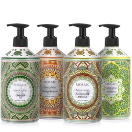 Mosaic Liquid Hand Soap / Wash Gift Set, Ideal Bathroom Kitchen Hand Soap Set , Olive Oil + Coconut & Hibiscus + Gardenia + Orange Blossom, 4 x 24.6 fl oz Each Liquid Soap Bottle