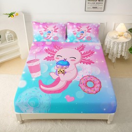 QOOMO Cartoon Pink Axolotl Microfiber Sheets for Children Funny Marine Life Kid Sheets Set Blue Pink Gradient Donut Room Decoration Queen Size 1 Fitted Sheet, 1 Flat Sheet, 2 Pillow Cases