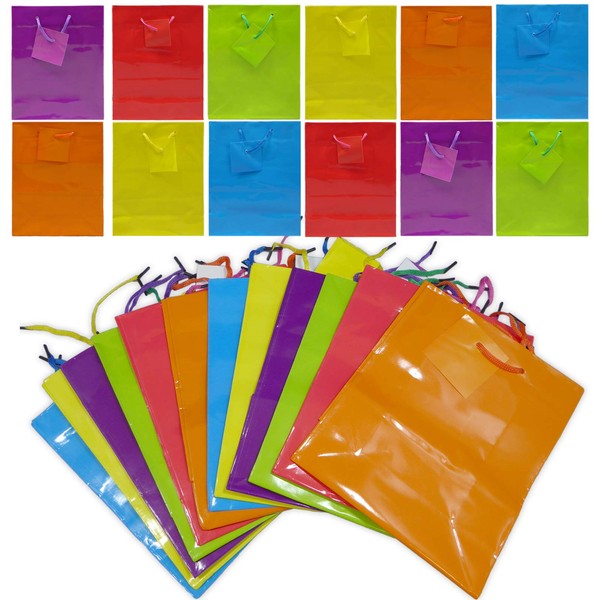 Colorful Gift Bags | 13" x 10" x 4.5" | Glossy Neon Colored Paper Party Bag |Blank Assorted Bright Rainbow Set with Rope Handles | Special Occasion, Event Supplies, Snacks, Arts and Craft Present Bags