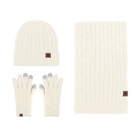 LumiSyne Winter 3 in 1 Hat Scarf Glove Sets for Men Women Chunky Knitted Alpaca Wool Fabric Plain Cable Knitted Hat Long Scarf Touchscreen Gloves Thick Warm Lining, beige