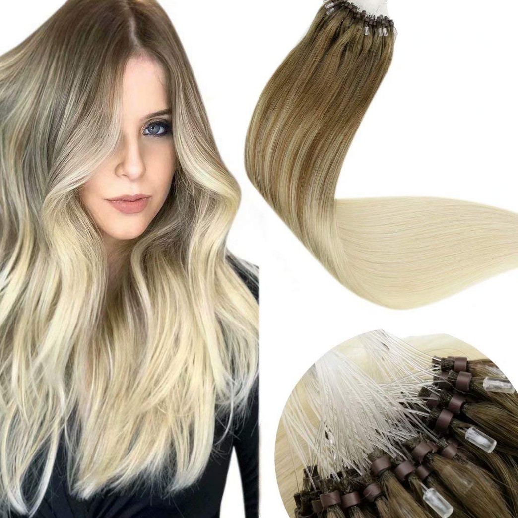 LaaVoo Micro Ring Loop Hair Extensions Real Human Hair Ombre Color Ash Brown to Light Blonde Micro Beads Hair Extensions Silky Straight Microlink Hair Extensions 16inch 50g/50s