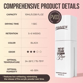 LASHVIEW Eyelash Extensions Glue 1 Sec Dry / 10ml /0.34 fl.oz/Retention 5-6 Weeks Black Adhesive Professional Supplies PV03
