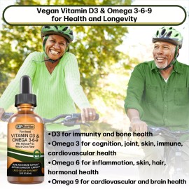 Vegan Vitamin D3 & Omega 3-6-9 Liquid Drops with Ahiflower Oil, Citrus, 2 fl oz