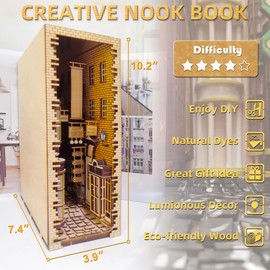 suruim LED Book Nook Kit for Adults - Decorative Bookend Stand-3D Wooden Puzzle for Adults, Booknook Bookshelf Insert Room Decor Gift Craft for Teen Girls Boys Women Men(Standard Edition)